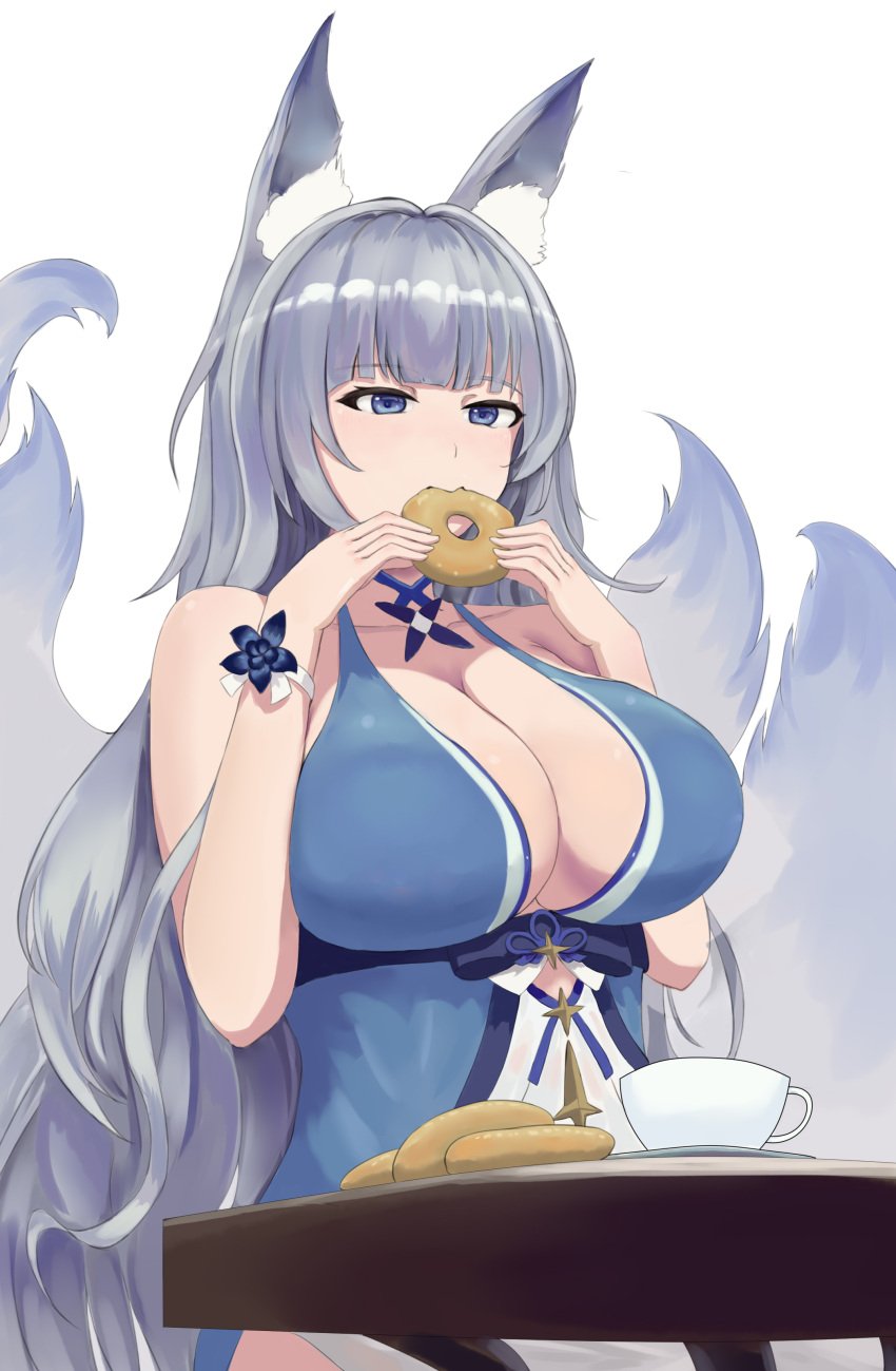 1girl absurdres animal_ear_fluff animal_ears azur_lane blue_collar blue_dress breasts center_opening cocktail_dress collar cup doughnut dress eating evening_gown food fox_ears halter_dress halterneck highres holding holding_food huge_breasts kitsune kyuubi large_tail long_hair multiple_tails official_alternate_costume ruan_weidao shinano_(azur_lane) shinano_(light_of_the_hazy_moon)_(azur_lane) silver_hair sitting sleeveless sleeveless_dress solo tail very_long_hair violet_eyes white_tail wrist_flower