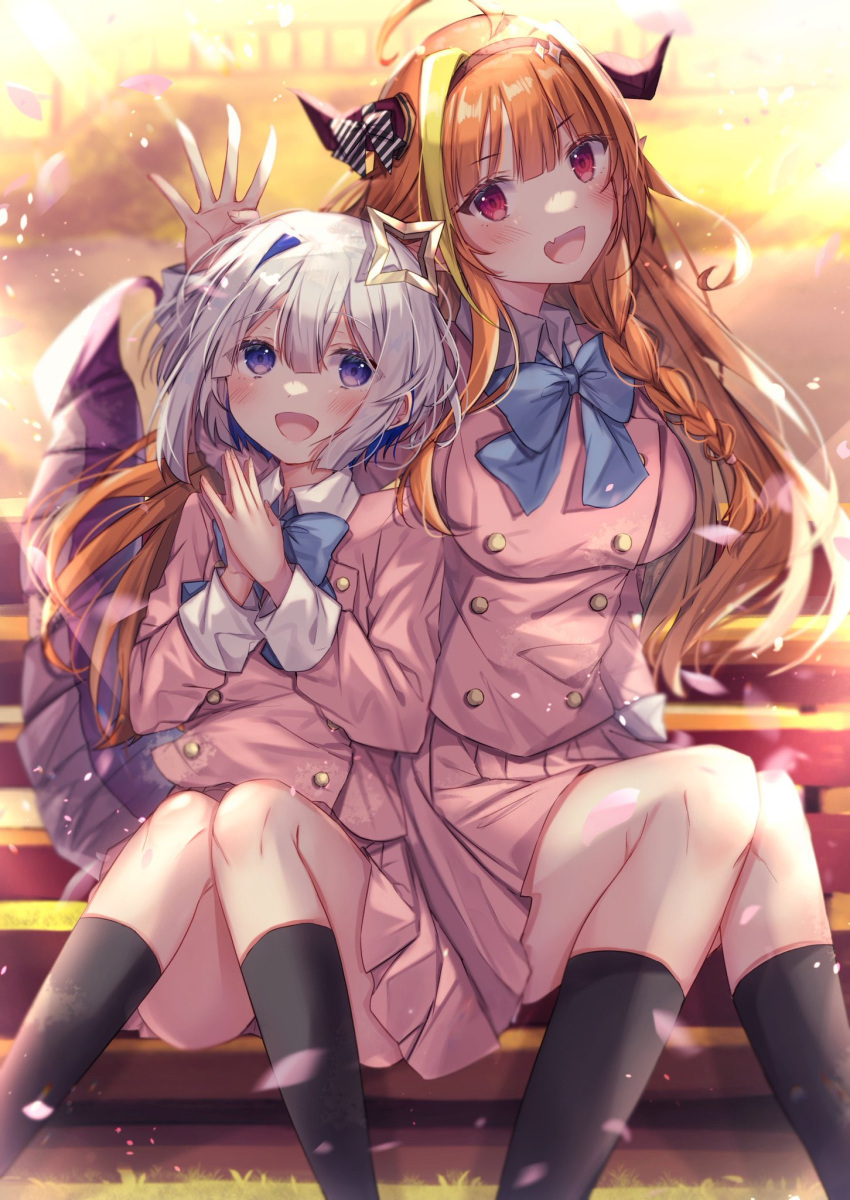 2girls :d ahoge amane_kanata arm_up bangs black_legwear blonde_hair blue_bow blue_eyes blue_hair blue_neckwear bow bowtie braid breasts collared_shirt commentary_request dragon_girl dragon_horns dragon_tail eyebrows_visible_through_hair eyes_visible_through_hair feet_out_of_frame hair_between_eyes hairband halo hands_up highres hololive horn_bow horn_ornament horns kiryu_coco kneehighs knees_together_feet_apart large_breasts long_hair long_sleeves multicolored_hair multiple_girls open_mouth orange_hair own_hands_together pink_skirt pleated_skirt red_hairband shirt short_hair silver_hair sitting skirt smile sorashima_(117) star_halo streaked_hair striped striped_bow tail virtual_youtuber