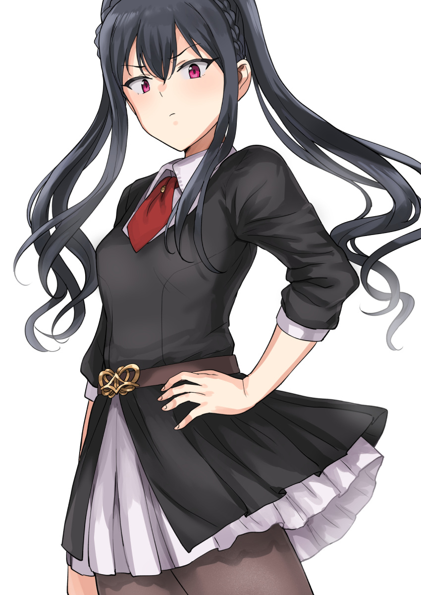 &gt;:( 1girl ascot aya_(idolmaster_starlit_season) bangs black_dress black_hair black_legwear blush braid breasts closed_mouth collared_dress commentary cowboy_shot crown_braid dress from_below frown hair_between_eyes hand_on_hip highres idolmaster idolmaster_starlit_season long_hair looking_at_viewer looking_down medium_breasts pantyhose petticoat pleated_dress red_neckwear short_dress sidelocks simple_background sleeves_pushed_up solo standing tsurime tsurui twintails v-shaped_eyebrows violet_eyes white_background wing_collar