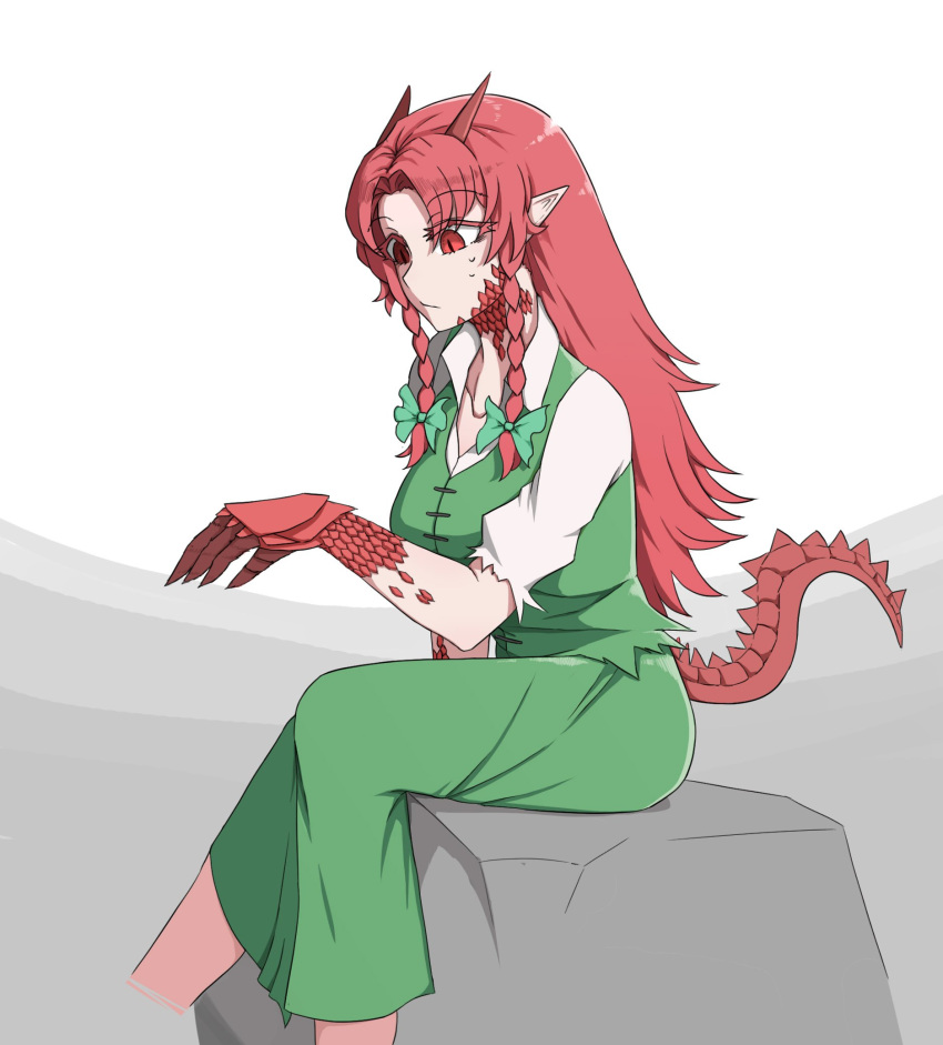 1girl braid breasts chinese_clothes collarbone dragon_girl dragon_horns dragon_tail green_skirt green_vest hair_ribbon highres hong_meiling horns large_breasts long_hair mata_(matasoup) pointy_ears red_eyes redhead ribbon scales shirt sitting skirt slit_pupils solo sweatdrop tail torn_clothes touhou tress_ribbon twin_braids vest white_shirt white_sleeves