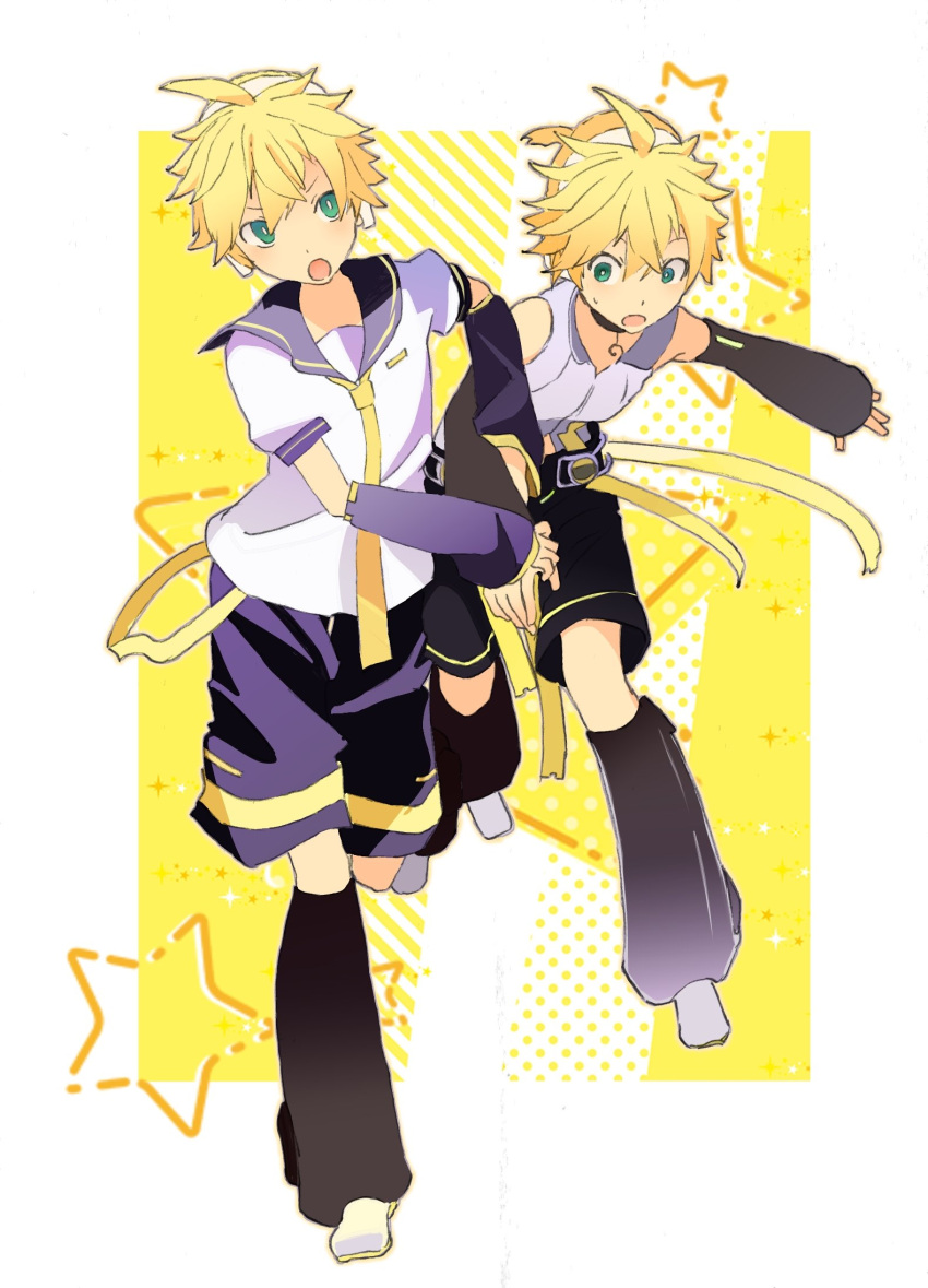 2boys arm_warmers bass_clef belt black_collar black_legwear black_shorts black_sleeves blonde_hair border collar collared_shirt commentary d_futagosaikyou detached_sleeves dual_persona green_eyes headphones highres holding_another's_arm kagamine_len kagamine_len_(append) leg_warmers male_focus multiple_boys necktie open_mouth pendant_choker pulled_by_another pulling running sailor_collar school_uniform shirt short_ponytail shorts sleeveless sleeveless_shirt spiky_hair standing star_(symbol) v-shaped_eyebrows vocaloid vocaloid_append white_border white_shirt wide-eyed yellow_background yellow_neckwear
