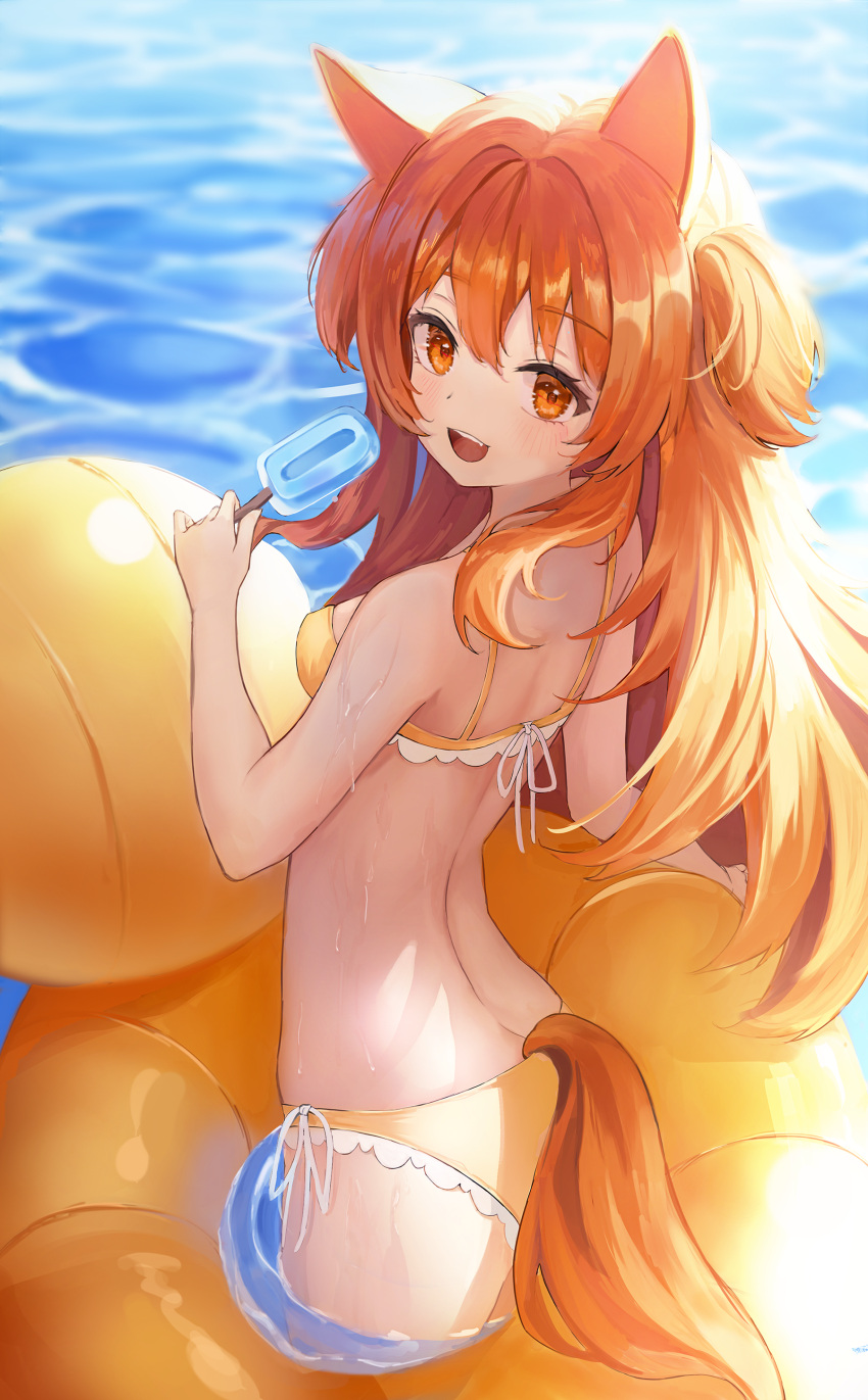 1girl absurdres alternate_animal_ears animal_ears bangs bikini blurry blurry_background blush breasts commentary_request food from_behind highres holding holding_food horse_tail innertube lace-trimmed_bikini lace_trim long_hair looking_at_viewer looking_back mayano_top_gun_(umamusume) open_mouth orange_bikini orange_eyes orange_hair po_ppe popsicle small_breasts smile solo swimsuit tail twintails two_side_up umamusume upper_teeth wading water wet