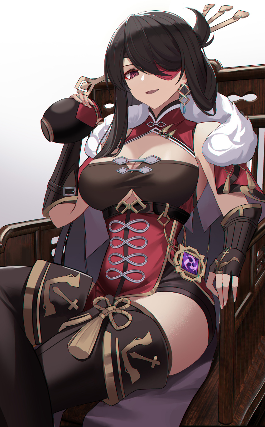 1girl :d absurdres bare_shoulders beidou_(genshin_impact) black_hair breasts brown_eyes commentary_request eternity_(shadeh) eyepatch genshin_impact gradient gradient_background grey_background hair_ornament hair_stick hand_up highres holding large_breasts long_hair looking_at_viewer open_mouth sitting sleeveless smile solo thighs white_background