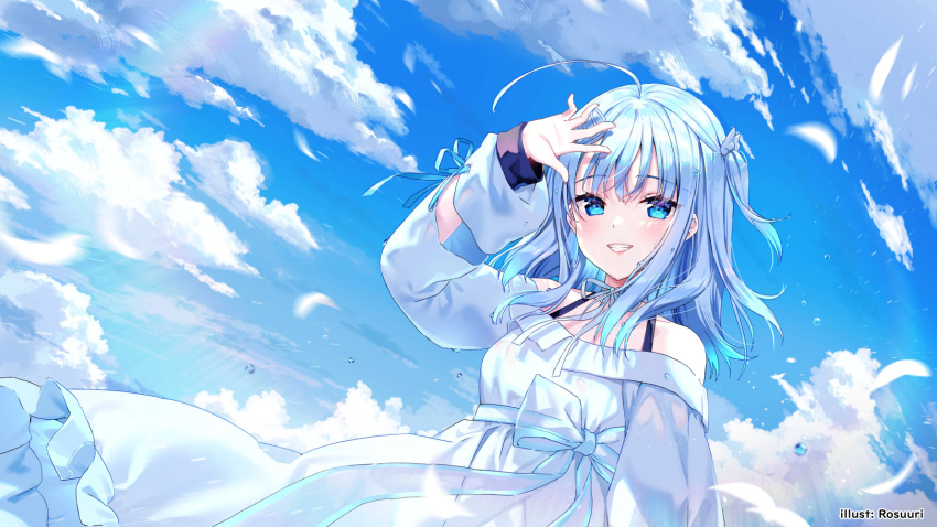 1girl amatsuka_uto artist_name bangs blue_bow blue_eyes blue_hair blush bow commentary dress english_commentary feathers highres indie_virtual_youtuber long_hair off-shoulder_dress off_shoulder official_art open_hand parted_lips rosuuri silver_dress sky smile solo two_side_up virtual_youtuber