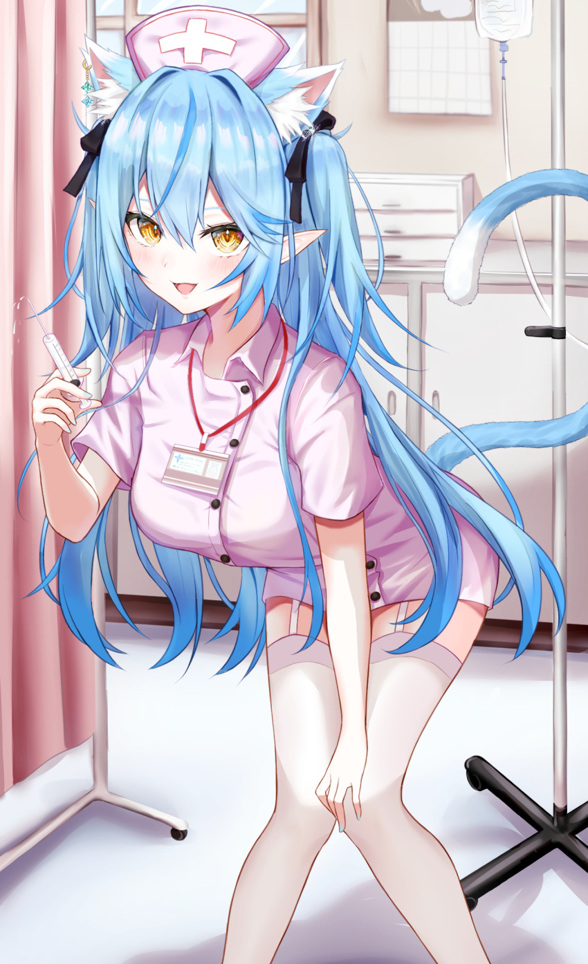 1girl animal_ears blood blood_bag blue_hair cat_ears cat_tail curtains extra_ears hair_ribbon hat highres hololive hospital id_card needle nurse nurse_cap open_mouth pointy_ears ribbon shihaku_rare smile tail virtual_youtuber yellow_eyes yukihana_lamy