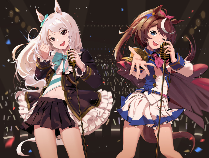 2girls animal_ears black_eyes black_skirt blue_eyes blush brown_hair eyebrows_visible_through_hair highres holding holding_microphone horse_ears horse_girl horse_tail indoors kawa683 long_hair long_sleeves looking_at_viewer mejiro_mcqueen_(umamusume) microphone microphone_stand multicolored_hair multiple_girls navel open_mouth pleated_skirt ponytail silver_hair skirt smile streaked_hair tail tokai_teio_(umamusume) umamusume upper_teeth white_hair white_skirt