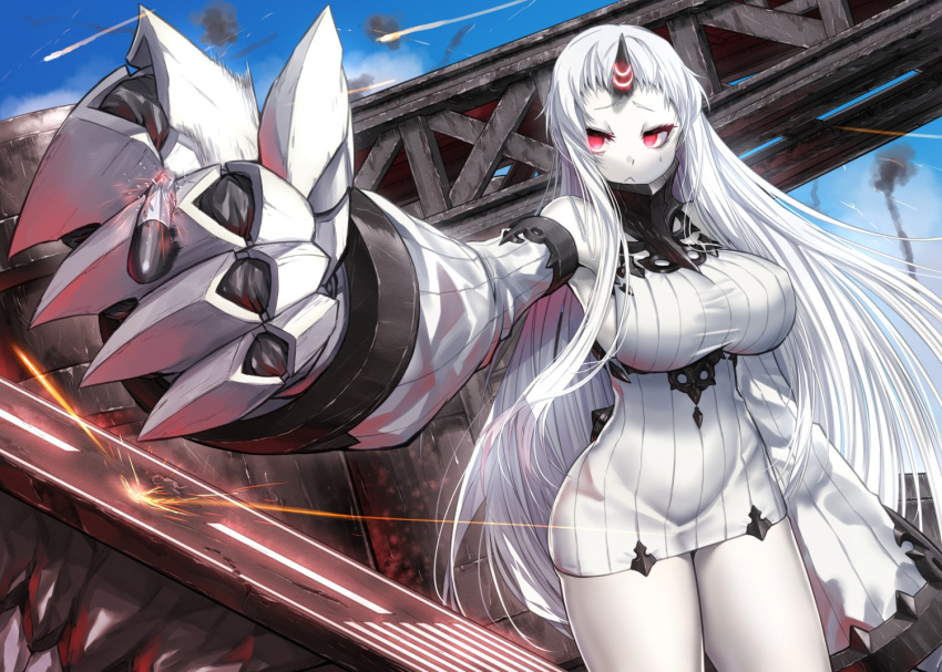 1girl abyssal_ship blue_sky breasts claws colored_skin day dress flight_deck horns kantai_collection large_breasts long_hair outdoors red_eyes ribbed_dress seaport_princess short_dress single_horn sky solo sweater sweater_dress very_long_hair white_hair white_skin zombie_mogura