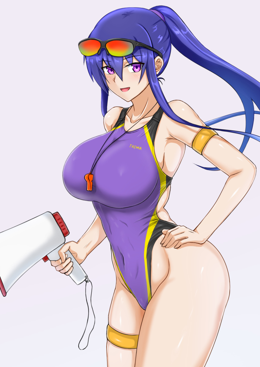 1girl akiyama_rinko blue_hair breasts competition_swimsuit covered_navel cowboy_shot eyewear_on_head grey_background hand_on_hip highleg highleg_swimsuit highres large_breasts lifeguard long_hair looking_at_viewer megaphone one-piece_swimsuit purple_swimsuit rekka_(alo4610) sidelocks simple_background solo standing sunglasses swimsuit taimanin_(series) taimanin_rpgx taimanin_yukikaze violet_eyes whistle whistle_around_neck