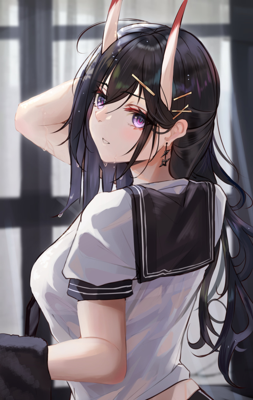 1girl azur_lane black_hair black_sailor_collar bra breasts earrings from_behind hair_ornament hairclip highres horns jewelry long_hair looking_at_viewer looking_back medium_breasts noshiro_(azur_lane) oni_horns panipo parted_lips sailor_collar school_uniform see-through serafuku shirt short_sleeves skin-covered_horns smile solo towel underwear upper_body violet_eyes wet wet_clothes wet_shirt white_shirt x_hair_ornament