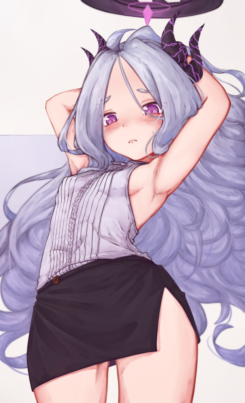 1girl absurdres armpits arms_behind_head arms_up bangs black_skirt blue_archive blush commentary_request demon_horns embarrassed eyebrows_visible_through_hair eyes_visible_through_hair frown hair_between_eyes halo highres hina_(blue_archive) horns long_hair looking_at_viewer mokamocha pencil_skirt sidelocks silver_hair simple_background skirt sleeveless solo sweat violet_eyes white_background