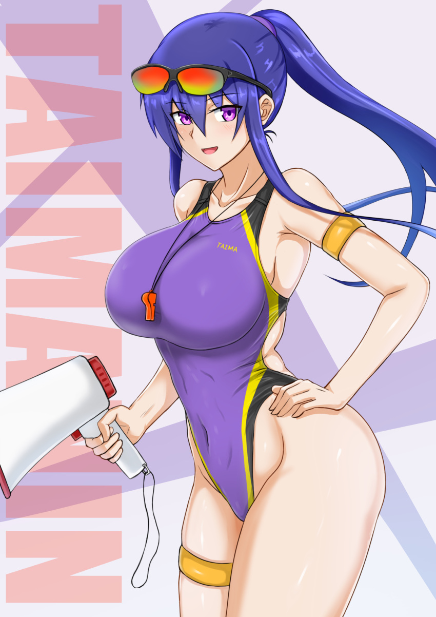 1girl akiyama_rinko blue_hair breasts commentary_request competition_swimsuit covered_navel cowboy_shot eyewear_on_head hand_on_hip highleg highleg_swimsuit highres large_breasts lifeguard long_hair looking_at_viewer megaphone one-piece_swimsuit purple_swimsuit rekka_(alo4610) sidelocks solo standing sunglasses swimsuit taimanin_(series) taimanin_rpgx taimanin_yukikaze violet_eyes whistle whistle_around_neck