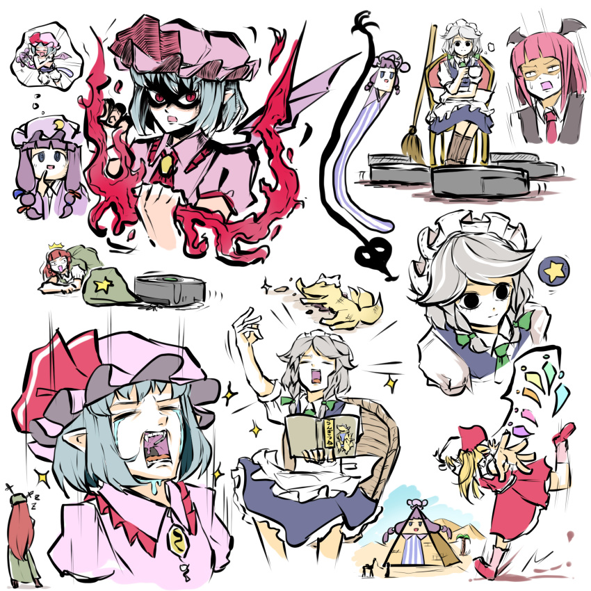 6+girls animal_ears apron bat_wings blonde_hair blush braid broom cabbie_hat camel chair closed_eyes crescent crescent_hat_ornament crying crystal embodiment_of_scarlet_devil empty_eyes fangs flandre_scarlet fox fox_ears fox_tail hair_ribbon hat hat_ornament hat_ribbon highres hong_meiling izayoi_sakuya knifed koakuma laevatein_(touhou) light_blue_hair maid maid_apron maid_headdress mob_cap multiple_girls necktie patchouli_knowledge peroponesosu. pointy_ears purple_hair pyramid red_eyes red_neckwear redhead remilia_scarlet ribbon roomba silver_hair simple_background sitting sparkle star_(symbol) star_hat_ornament tail thought_bubble touhou twin_braids white_background wings zzz
