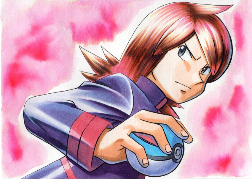 1boy bangs brown_hair closed_mouth commentary_request cowlick fingernails frown great_ball grey_eyes highres holding holding_poke_ball jacket long_hair long_sleeves male_focus oka_mochi pink_background poke_ball pokemon pokemon_(game) pokemon_hgss purple_jacket silver_(pokemon) solo spiky_hair traditional_media turtleneck turtleneck_jacket upper_body