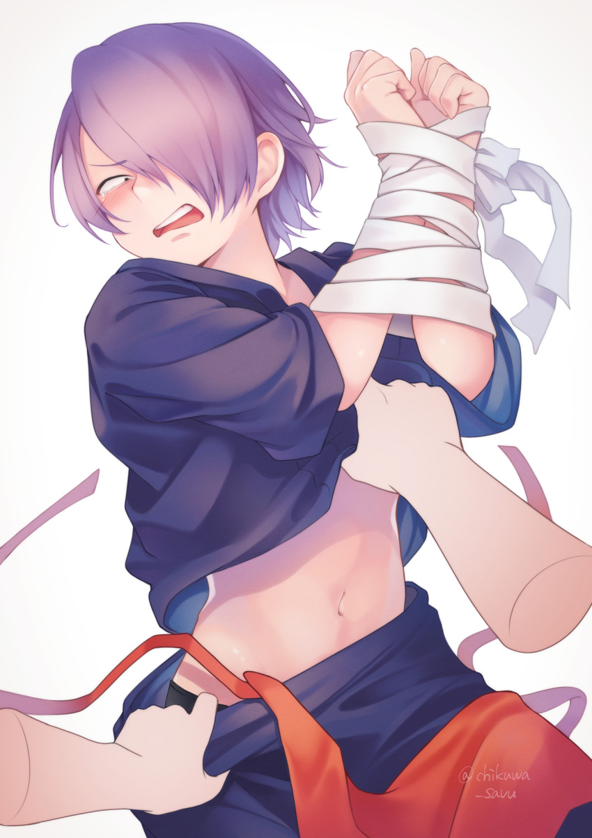1boy 1other apron artist_name bangs black_male_underwear blue_pants blush boku_no_hero_academia bound bound_arms bound_wrists chikuwa_savy closed_eyes commentary_request hair_over_one_eye hands_up highres hood hood_down hoodie hoodie_lift male_focus male_underwear navel open_mouth pants purple_hair purple_hoodie red_apron shishikura_seiji simple_background solo_focus stomach tearing_up twitter_username underwear undressing