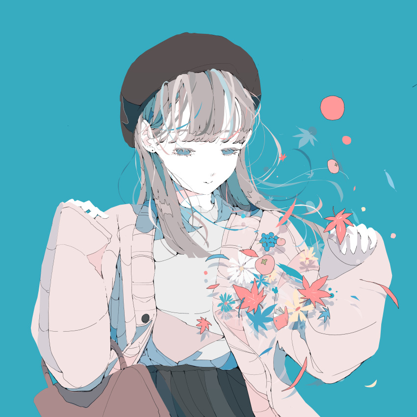 1girl absurdres bag bangs beret black_headwear black_skirt blue_background blue_eyes blunt_bangs brown_hair flower food fruit handbag hat highres leaf long_hair long_sleeves nocopyrightgirl original pleated_skirt shirt simple_background skirt sleeves_past_wrists solo white_shirt wind