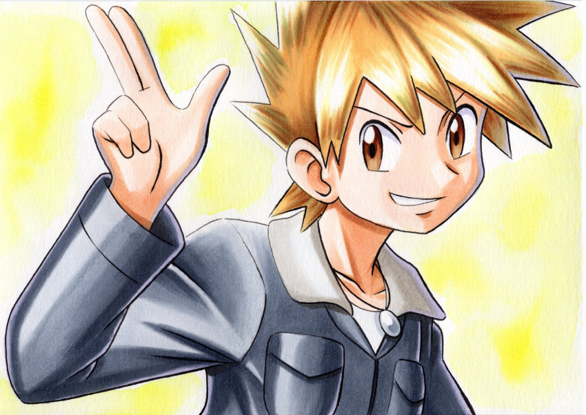 1boy bangs blonde_hair blue_oak breast_pocket brown_eyes collarbone commentary grey_jacket hand_up highres jacket jewelry leather leather_jacket male_focus necklace oka_mochi parted_lips pocket pokemon pokemon_(game) pokemon_hgss shirt short_hair smile solo spiky_hair traditional_media upper_body white_shirt yellow_background