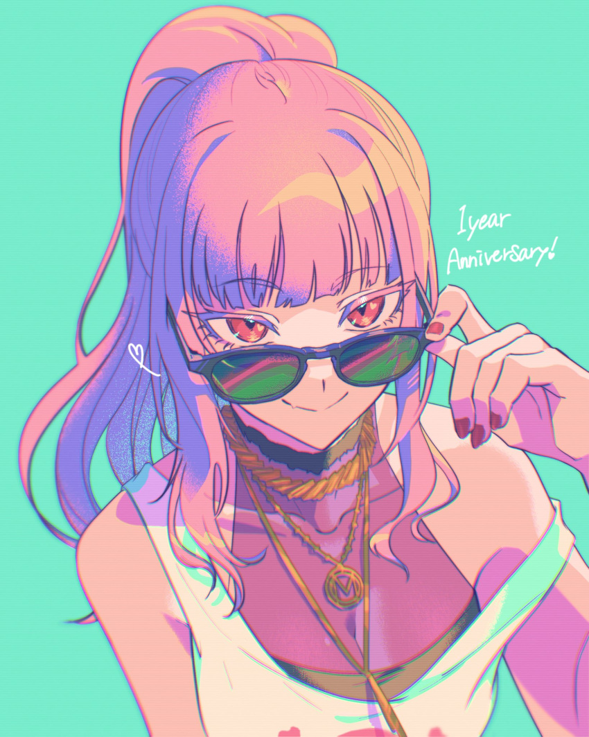 1girl anniversary aqua_background bangs chain collarbone eyebrows_visible_through_hair gold_chain halter_top halterneck hand_on_eyewear highres hololive hololive_english jewelry looking_at_viewer mori_calliope necklace pink_eyes pink_hair ponytail raichi274 red_nails smile solo sunglasses tank_top virtual_youtuber white_tank_top