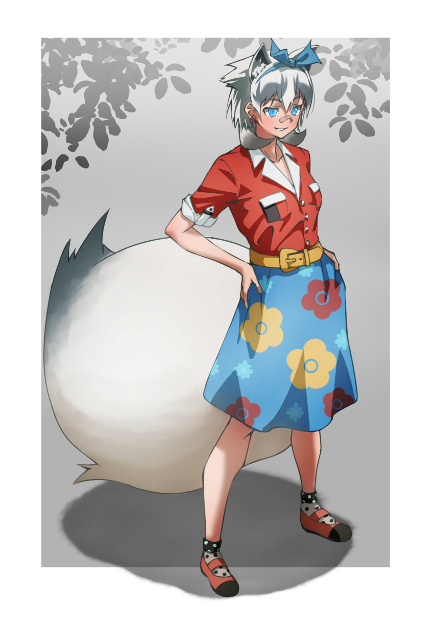 absurdres animal_ears blue_bow blue_eyes blue_skirt bow brown_hair collared_shirt earrings extra_ears eyebrows_visible_through_hair floral_print grey_legwear hair_bow highres inugami_gyoubu_(kemono_friends) jewelry kemono_friends kemono_friends_3 large_tail mary_janes official_alternate_costume polka_dot polka_dot_legwear raccoon_ears raccoon_girl raccoon_tail red_footwear red_shirt shirt shoes short_hair short_sleeves skirt socks t-shirt tail tanabe_(fueisei) two-tone_shirt white_hair yellow_belt