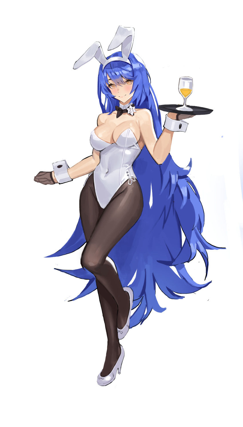 1girl absurdres animal_ears black_neckwear blue_hair bow bowtie breasts brown_legwear covered_navel cup detached_collar drink drinking_glass eyebrows_behind_hair fake_animal_ears full_body girls_frontline hair_between_eyes hexagram high_heels highres holding holding_tray jonbur_man large_breasts leotard long_hair looking_at_viewer official_alternate_costume pantyhose playboy_bunny rabbit_ears shoes side-tie_leotard simple_background smile solo standing standing_on_one_leg star_of_david strapless strapless_leotard tar-21_(girls'_frontline) tray white_background white_footwear white_leotard wrist_cuffs yellow_eyes