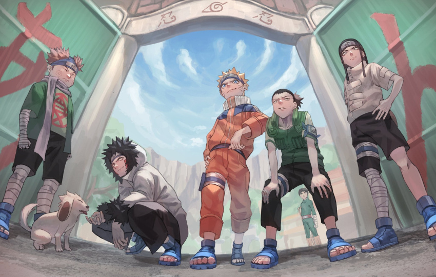 6+boys akamaru_(naruto) akimichi_chouji bandages black_eyes black_hair blonde_hair blue_eyes blue_footwear blue_sky bowl_cut brown_hair brown_pants brown_shorts closed_eyes closed_mouth clouds cloudy_sky dog facepaint forehead_protector full_body fur-trimmed_jacket fur_trim gate green_jumpsuit grey_jacket hand_on_hip highres hyuuga_neji inuzuka_kiba jacket long_hair long_sleeves makitoshi0316 multiple_boys nara_shikamaru naruto naruto_(series) ninja orange_jacket orange_pants outdoors pants ponytail rock_lee sandals scarf short_hair short_sleeves shorts sky smile squatting standing thick_eyebrows toes uzumaki_naruto vest white_eyes white_jacket white_neckwear