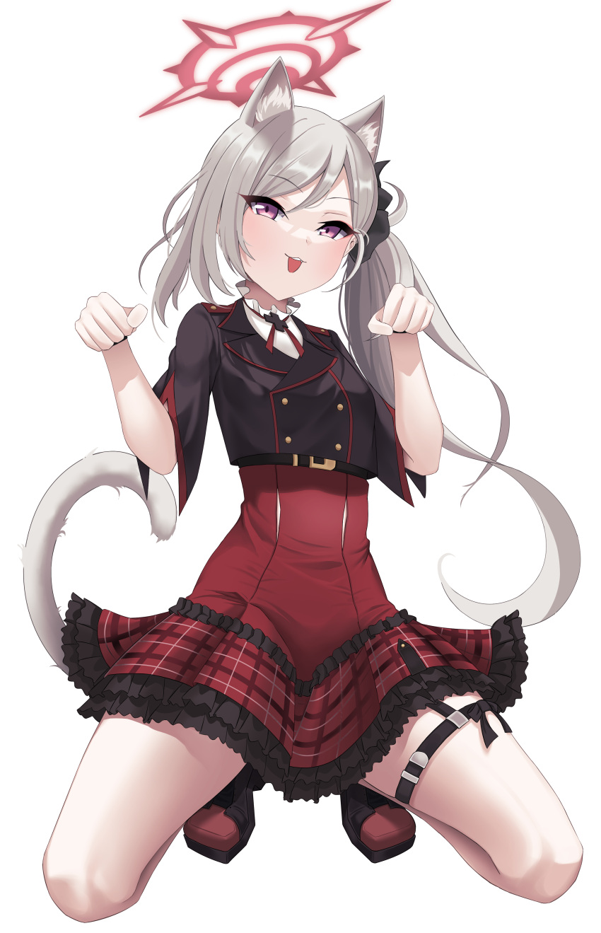 1girl absurdres animal_ear_fluff animal_ears aura bangs black_jacket black_scrunchie blue_archive cat_ears cat_girl cat_tail cropped_jacket debriskun frilled_skirt frills full_body grey_hair hair_between_eyes hair_ornament hair_scrunchie high-waist_skirt highres jacket kneeling layered_skirt long_hair looking_at_viewer miniskirt mutsuki_(blue_archive) open_mouth paw_pose plaid plaid_skirt red_skirt scrunchie shiny shiny_hair shirt side_ponytail simple_background skirt solo spread_legs tail thigh_strap very_long_hair violet_eyes white_background white_shirt