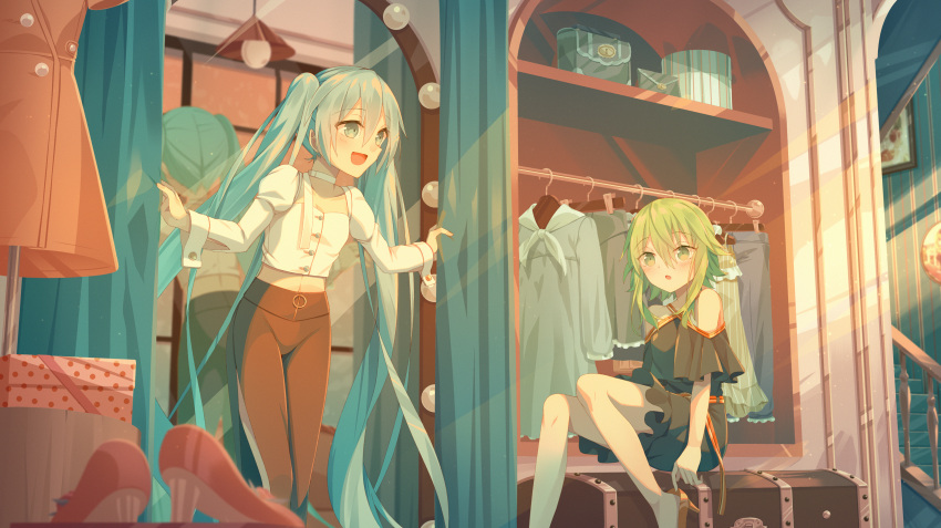 2girls aqua_eyes aqua_hair bare_shoulders black_pants black_shirt black_skirt blue_dress blue_pants chest_(furniture) closet clothes_hanger commentary curtain_grab curtains dress green_eyes green_hair gumi hatsune_miku high_heels highres indoors lamp light_bulb long_hair long_sleeves midriff miniskirt mirror multiple_girls off-shoulder_shirt off_shoulder pants puffy_long_sleeves puffy_sleeves sakakidani shelf shirt short_hair sidelocks sitting skirt standing twintails very_long_hair vocaloid white_shirt