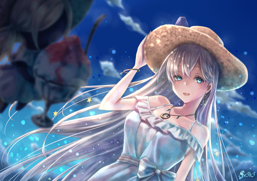1girl absurdres anastasia_(fate) anastasia_(swimsuit_archer)_(fate) bangs bare_shoulders blue_dress blue_eyes blue_sky blush bracelet breasts collarbone death-point doll dress earrings fate/grand_order fate_(series) hair_over_one_eye hairband hat highres jewelry large_breasts long_hair looking_at_viewer necklace open_mouth pendant shaved_ice silver_hair sky smile straw_hat very_long_hair viy_(fate)