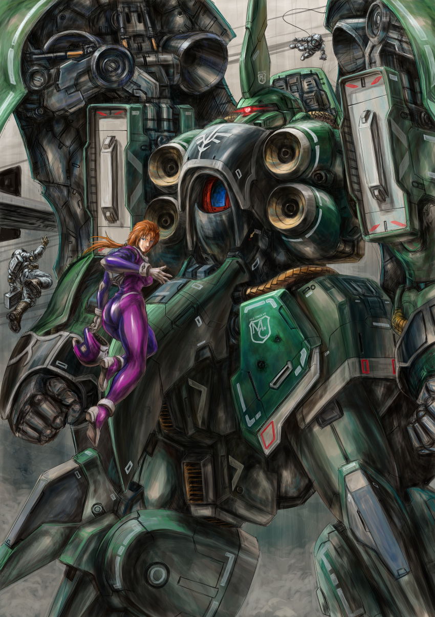 1girl 2others absurdres ass bangs breasts glowing glowing_eye gundam gundam_unicorn headwear_removed helmet helmet_removed highres holding holding_helmet huge_filesize kshatriya long_hair looking_back marida_cruz mecha medium_breasts mobile_suit multiple_others one-eyed open_hand orange_hair pilot_suit red_eyes science_fiction space_helmet spacesuit violet_eyes zandan_zero_to_na!?