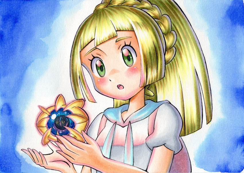 1girl :o bangs blonde_hair blue_background blue_sailor_collar blush braid commentary_request cosmoem crown_braid eyelashes green_eyes high_ponytail highres legendary_pokemon lillie_(pokemon) long_hair looking_down oka_mochi open_mouth pokemon pokemon_(creature) pokemon_(game) pokemon_sm sailor_collar shirt short_sleeves tongue traditional_media white_shirt