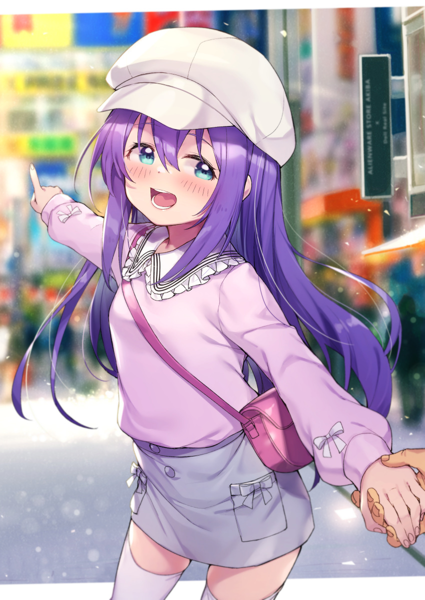 1girl absurdres commentary_request grey_skirt highres idolmaster idolmaster_million_live! long_hair long_sleeves mochizuki_anna open_mouth purple_hair shennai_misha skirt smile solo_focus thigh-highs white_headwear white_legwear zettai_ryouiki