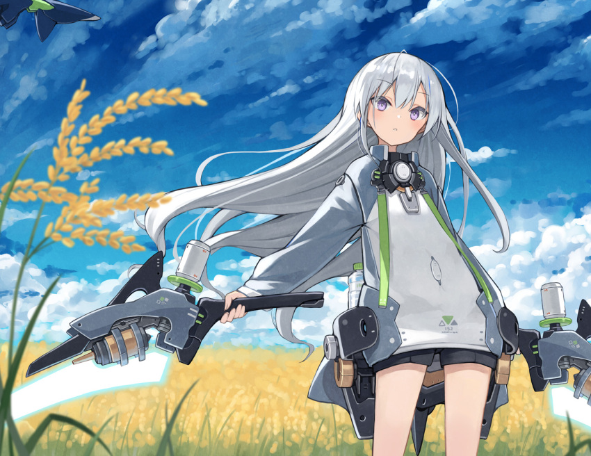 1girl bangs black_shorts blue_hair blue_sky blurry blurry_background clouds cloudy_sky commentary_request day depth_of_field eyebrows_visible_through_hair floating_hair glowing hair_between_eyes holding holding_weapon jacket long_hair long_sleeves multicolored_hair original outdoors parted_lips poco_(asahi_age) puffy_long_sleeves puffy_sleeves short_shorts shorts silver_hair sky sleeves_past_wrists solo streaked_hair very_long_hair violet_eyes weapon wheat wheat_field white_jacket