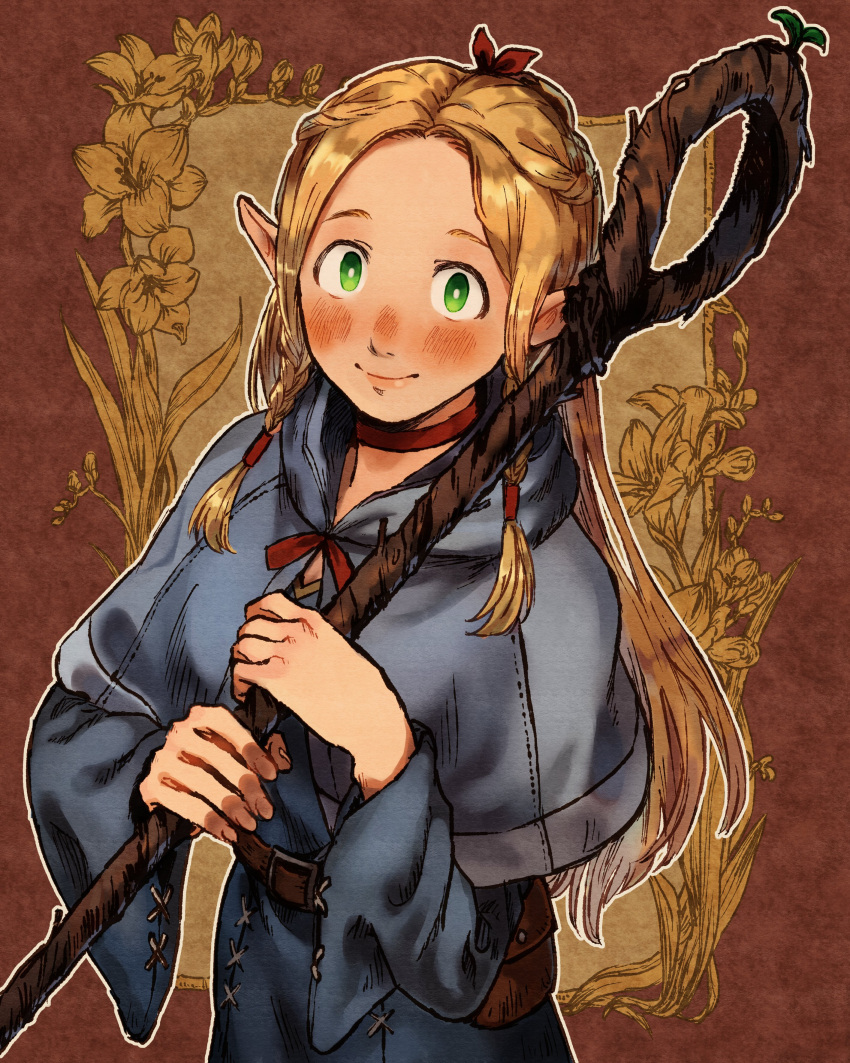 1girl absurdres blonde_hair blue_dress blue_hood blush braid braided_bangs dress dungeon_meshi elf flatamany green_eyes highres jewelry long_hair looking_at_viewer marcille necklace pointy_ears pouch red_ribbon ribbon smile staff