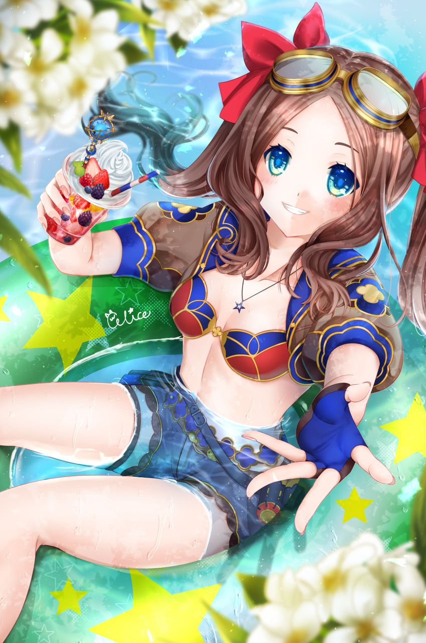 1girl absurdres alicexxxfragment bangs bikini bikini_top blue_eyes blue_shorts blush breasts brown_gloves brown_hair collarbone cup drink fate/grand_order fate_(series) fingerless_gloves food forehead fruit gloves goggles grin hair_ribbon highres innertube jewelry leonardo_da_vinci_(fate) leonardo_da_vinci_(swimsuit_ruler)_(fate) long_hair looking_at_viewer necklace parted_bangs puffy_short_sleeves puffy_sleeves red_bikini red_ribbon ribbon short_shorts short_sleeves shorts shrug_(clothing) sidelocks small_breasts smile solo swimsuit thighs twintails water whipped_cream