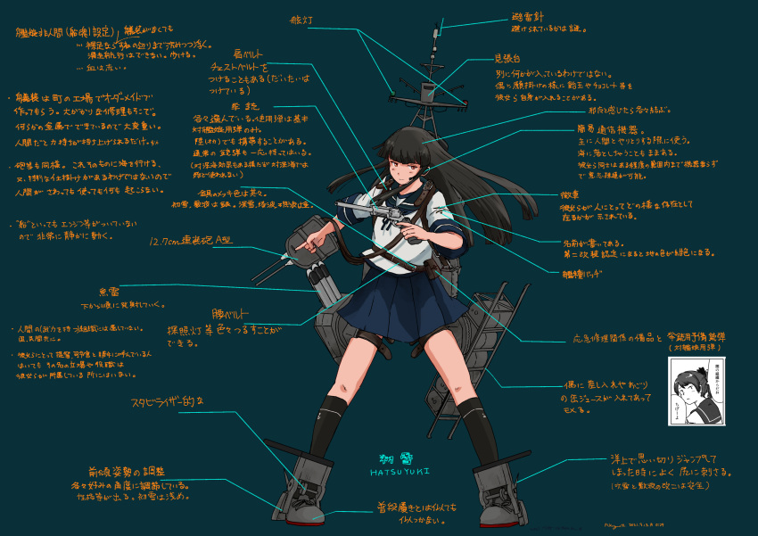 1girl absurdres adapted_turret bangs black_hair blue_sailor_collar blue_skirt blunt_bangs brown_eyes cannon collared_shirt commentary_request full_body green_background hatsuyuki_(kancolle) headset highres hime_cut kantai_collection kuragare long_hair machinery mast microphone neckerchief pleated_skirt sailor_collar school_uniform serafuku shikinami_(kancolle) shirt skirt solo standing torpedo_launcher translation_request turret
