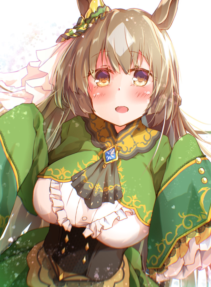 1girl animal_ears bangs blush breasts brown_eyes brown_hair center_frills commentary_request cropped_jacket eyebrows_visible_through_hair frilled_shirt frilled_sleeves frills green_jacket green_skirt hair_between_eyes hands_up highres horse_ears jacket large_breasts long_hair looking_at_viewer open_mouth rinrin_(927413) satono_diamond_(umamusume) shirt skirt sleeves_past_fingers sleeves_past_wrists solo umamusume very_long_hair white_shirt wide_sleeves