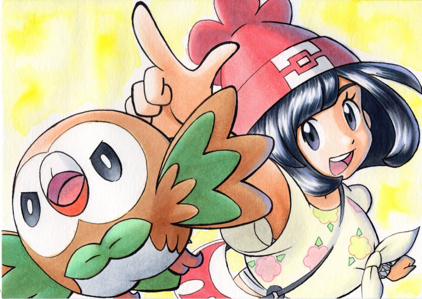 1girl :d arm_up bag bangs beanie between_breasts black_hair bracelet breasts commentary_request eyelashes floral_print grey_eyes hat highres index_finger_raised jewelry looking_at_viewer oka_mochi open_mouth pokemon pokemon_(creature) pokemon_(game) pokemon_sm red_headwear rowlet selene_(pokemon) shiny shiny_hair shirt short_sleeves shoulder_bag smile strap_between_breasts t-shirt tied_shirt tongue traditional_media upper_teeth yellow_background z-ring