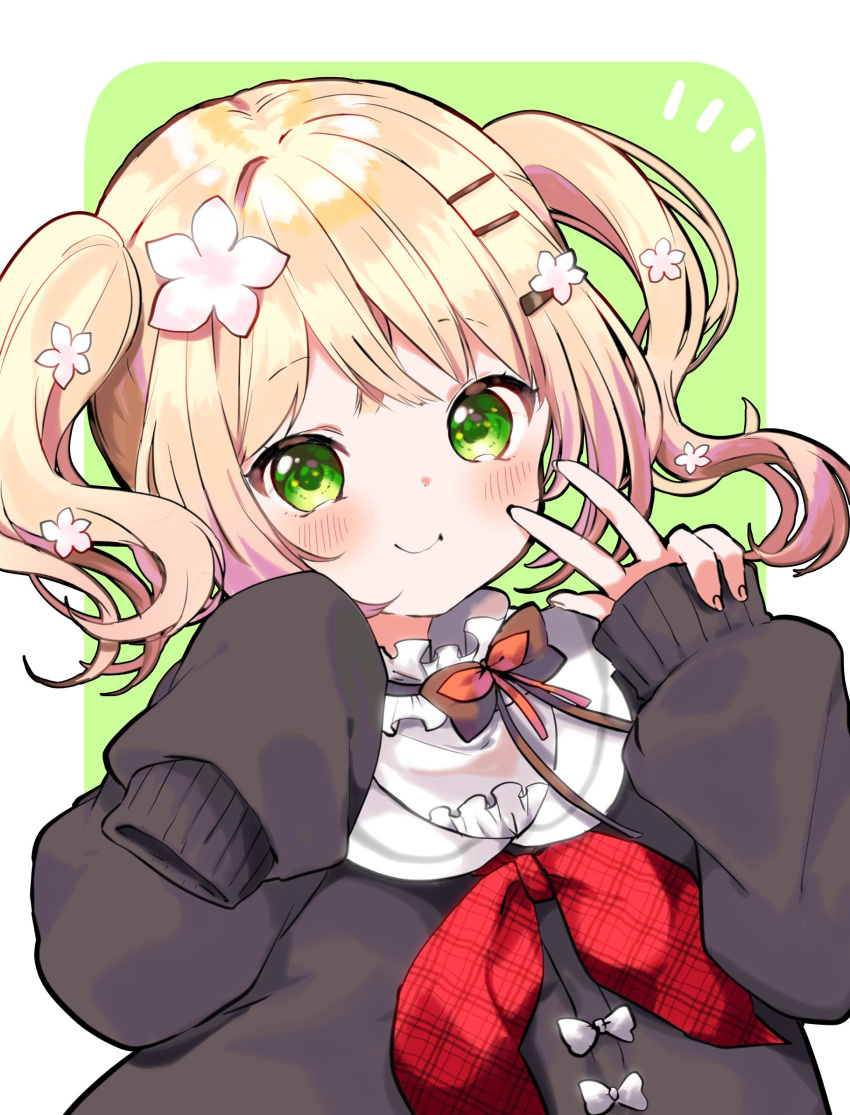 1girl blonde_hair flower green_eyes hair_flower hair_ornament hairclip highres hololive jacket kosuzume momosuzu_nene sleeves_past_fingers sleeves_past_wrists smile solo twintails upper_body virtual_youtuber w