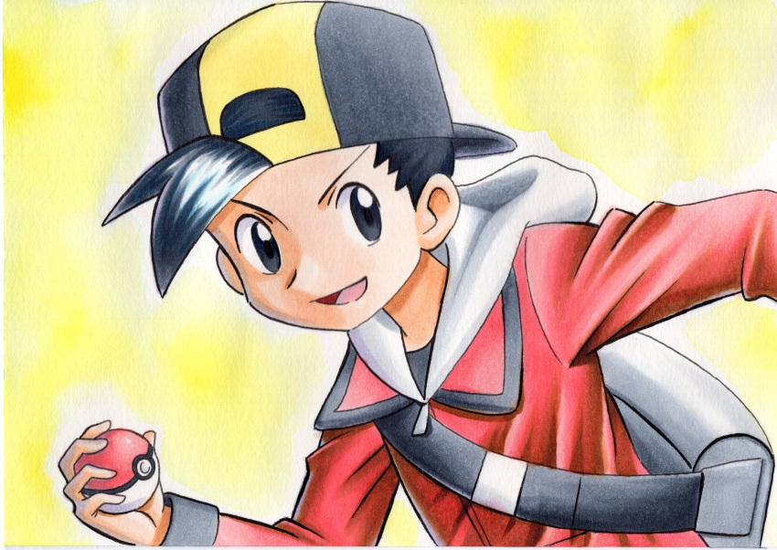 1boy backpack backwards_hat bag bangs baseball_cap black_eyes black_hair black_shirt commentary ethan_(pokemon) grey_bag hand_up hat highres holding holding_poke_ball jacket long_sleeves looking_to_the_side male_focus oka_mochi open_mouth poke_ball poke_ball_(basic) pokemon pokemon_(game) pokemon_hgss red_jacket shirt short_hair smile solo tongue traditional_media yellow_background
