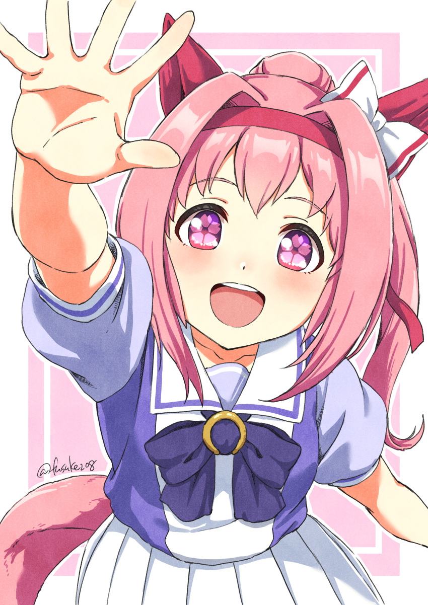 1girl :d absurdres animal_ears arm_up bow bowtie flower_in_eye fuusuke_(fusuke208) hair_bow hair_intakes haru_urara_(umamusume) headband highres horse_ears horse_girl horse_tail horseshoe_ornament huge_filesize long_hair looking_at_viewer open_mouth outstretched_arm outstretched_hand pink_eyes pink_hair pleated_skirt ponytail puffy_short_sleeves puffy_sleeves purple_shirt ribbon sailor_collar sailor_shirt school_uniform serafuku shirt short_sleeves skirt smile solo summer_uniform symbol-shaped_pupils symbol_in_eye tail tracen_school_uniform umamusume upper_body white_skirt