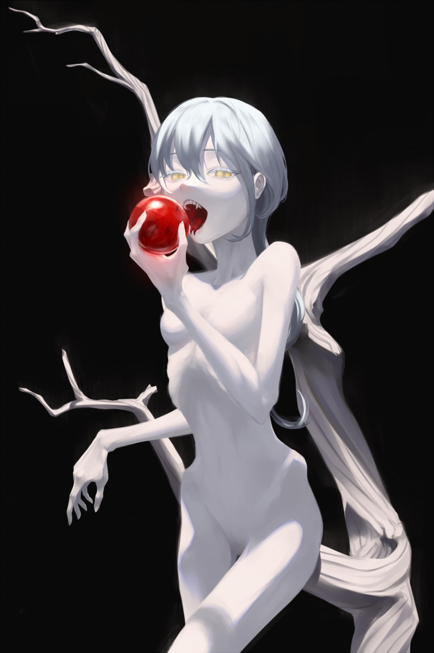 1girl black_background branch breasts colored_skin commentary_request cowboy_shot emaciated fangs forked_tongue grey_hair grey_pupils hand_up highres hip_bones holding litra_(ltr0312) long_hair no_nipples no_pussy nude open_mouth orb original ribs simple_background slit_pupils small_breasts solo tongue tongue_out white_skin yellow_eyes