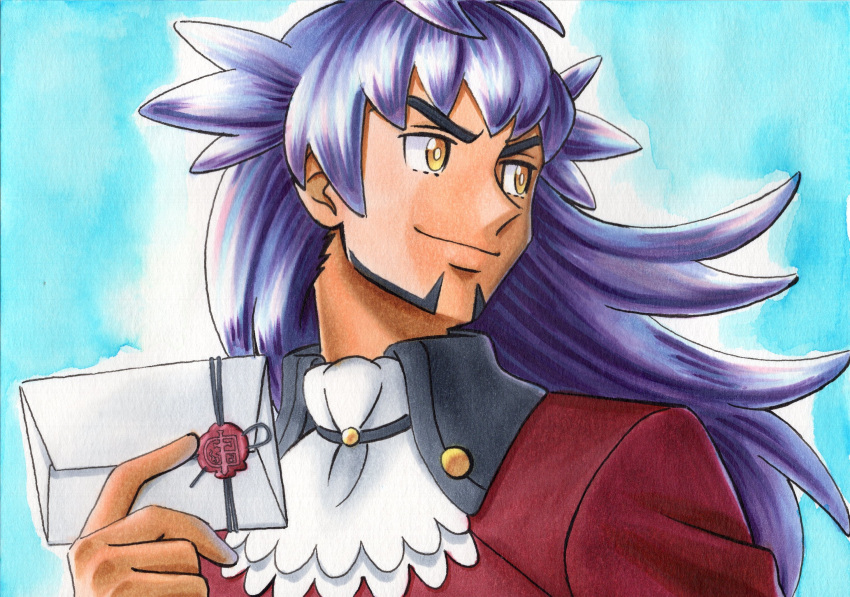 1boy bangs blue_background buttons closed_mouth commentary_request dark-skinned_male dark_skin envelope facial_hair floating_hair hand_up highres holding holding_envelope jabot leon_(pokemon) long_hair looking_to_the_side male_focus oka_mochi pokemon pokemon:_twilight_wings pokemon_(game) pokemon_swsh purple_hair smile solo traditional_media upper_body white_neckwear yellow_eyes