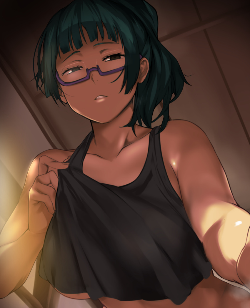 1girl absurdres bangs bare_shoulders black_tank_top blunt_bangs breasts cafekun ceiling collarbone commentary crop_top english_commentary foreshortening from_below glasses green_hair half-closed_eyes hand_up highres jujutsu_kaisen large_breasts looking_at_viewer no_bra parted_lips purple-framed_eyewear raised_eyebrows see-through_silhouette semi-rimless_eyewear sidelocks solo steaming_body tank_top under_boob zen'in_maki