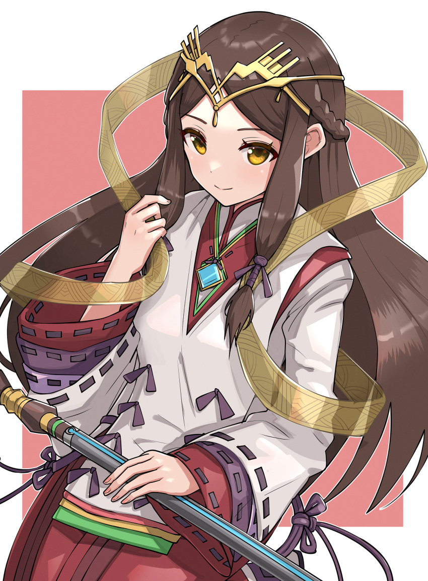 1girl absurdres brown_hair chest_jewel fan_la_norne gonzarez highres hime_cut japanese_clothes long_hair solo staff xenoblade_chronicles_(series) xenoblade_chronicles_2 xenoblade_chronicles_2:_torna_-_the_golden_country yellow_eyes