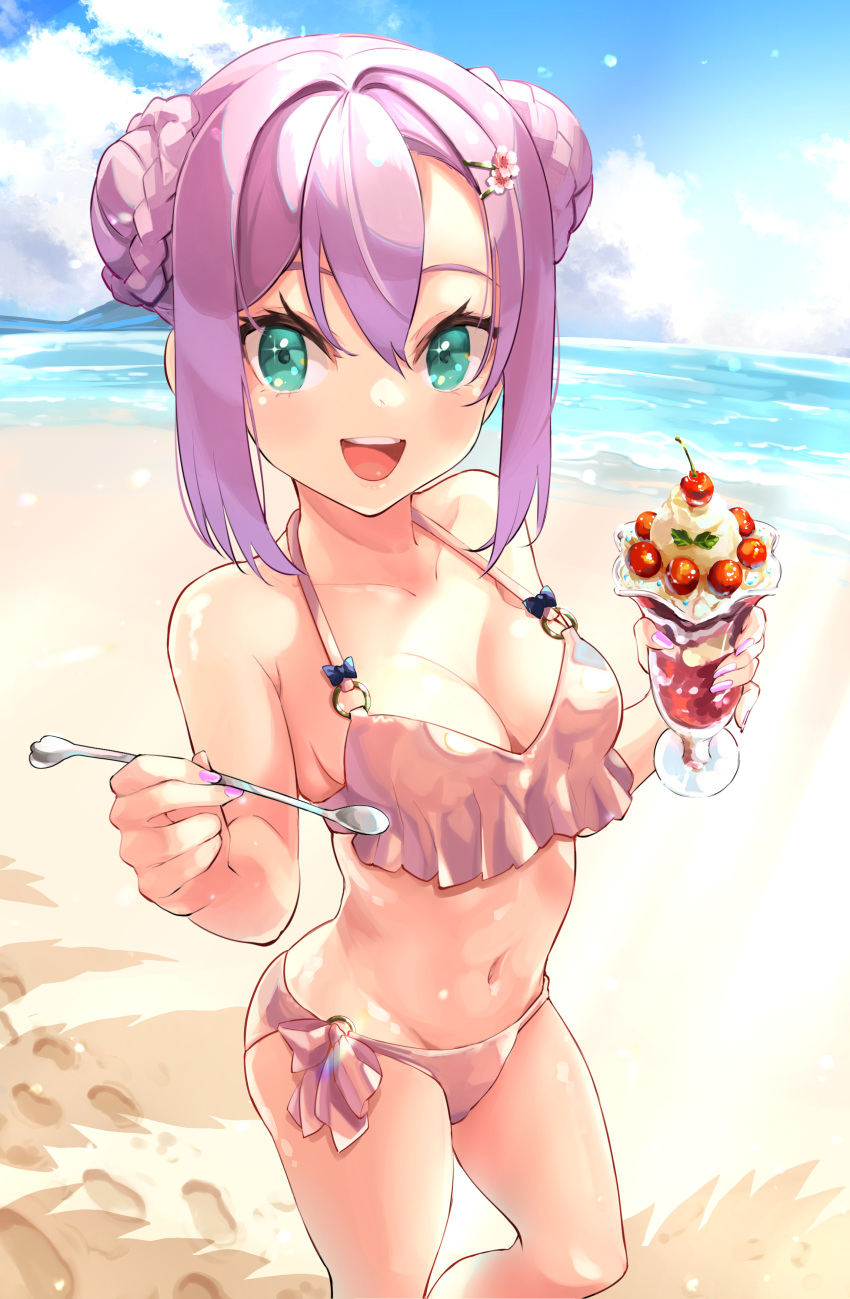 1girl absurdres ali_woli bangs beach bikini blue_sky braid braided_bun breasts clouds cup day double_bun flower food footprints green_eyes hair_between_eyes hair_flower hair_ornament hairclip halter_top halterneck highres holding holding_cup holding_spoon ice_cream long_hair looking_at_viewer medium_breasts navel nijisanji o-ring o-ring_bikini o-ring_bottom o-ring_top ocean outdoors parfait pink_bikini purple_hair sakura_ritsuki sand side-tie_bikini sky smile solo spoon standing swimsuit virtual_youtuber water