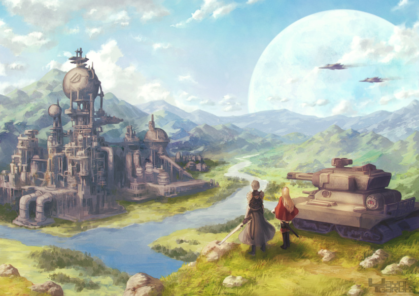 1boy 1girl aircraft airplane artist_name black_footwear black_legwear blonde_hair building cape day from_behind garutaisa grass grey_hair ground_vehicle holding holding_sword holding_weapon military military_vehicle moon motor_vehicle mountain mountainous_horizon outdoors red_cape river rock standing sword tank water watermark weapon