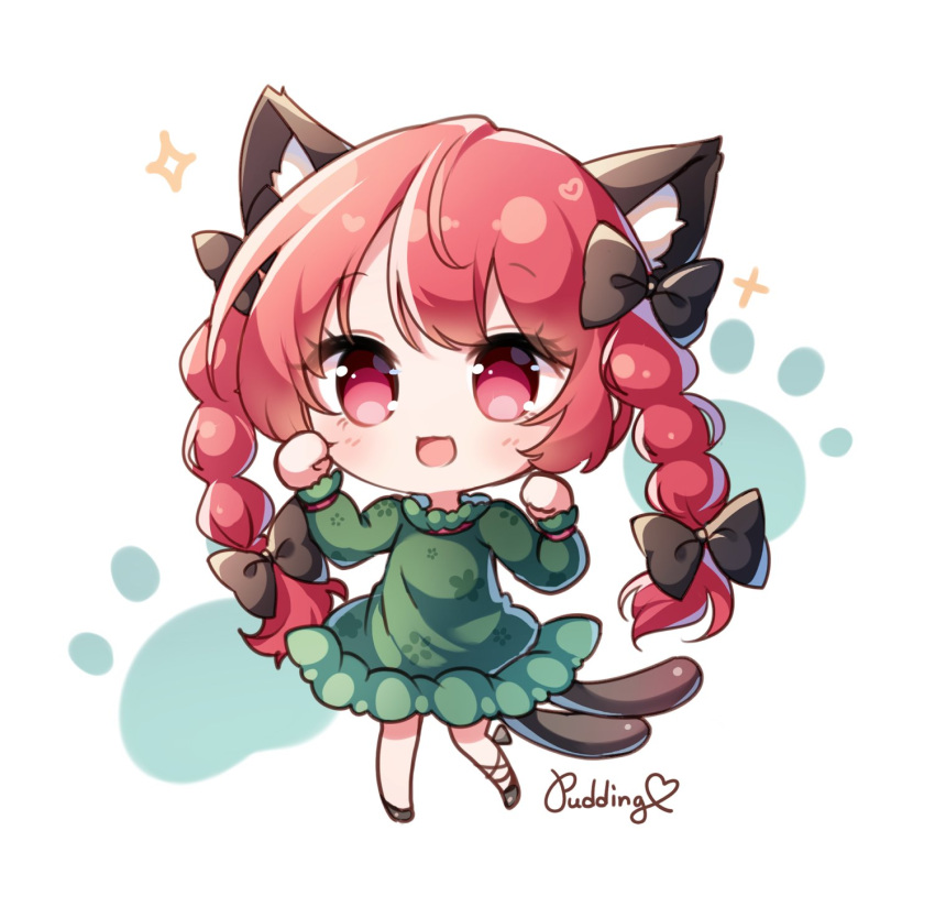 1girl :d animal_ears bangs black_bow black_footwear black_ribbon bow braid cat_ears cat_tail chibi dress eyebrows_visible_through_hair full_body green_dress hair_bow heart highres kaenbyou_rin leg_ribbon long_hair long_sleeves looking_at_viewer multiple_tails nekomata open_mouth paw_print pudding_(skymint_028) red_eyes redhead ribbon side_braids signature smile solo standing tail touhou twin_braids two_tails