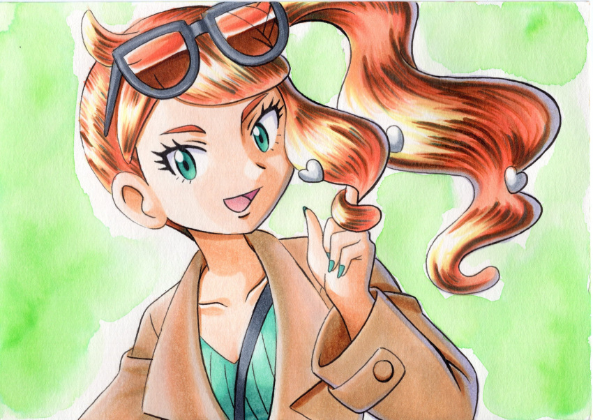 1girl :d brown_coat buttons coat collarbone commentary eyewear_on_head green_eyes green_nails green_shirt hair_ornament hair_twirling hand_up heart heart_hair_ornament highres long_hair nail_polish oka_mochi open_mouth orange_hair pokemon pokemon_(game) pokemon_swsh ribbed_shirt shirt side_ponytail smile solo sonia_(pokemon) sunglasses tongue traditional_media upper_body