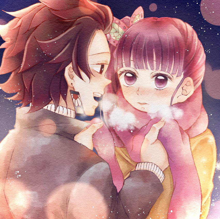 1boy 1girl black_hair brown_hair butterfly_hair_ornament clothes coat commentary_request couple earrings hair_ornament japanese_clothes jewelry kamado_tanjirou kimetsu_no_yaiba long_sleeves multiple_boys open_mouth pink_scarf purple_hair red_eyes redhead scarf side_ponytail simple_background smile snow snowing tsuyuri_kanao violet_viora yellow_coat