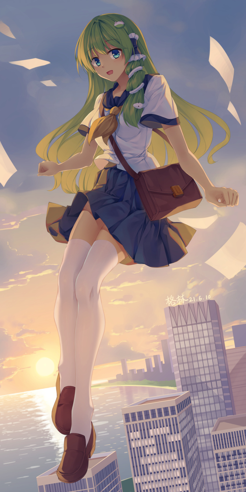 1girl absurdres artist_name bag blue_eyes blue_skirt blush building cityscape dated eyebrows_visible_through_hair floating frog_hair_ornament green_hair hair_between_eyes hair_ornament highres kochiya_sanae loafers long_hair looking_at_viewer mechrailgun open_mouth paper school_uniform serafuku shoes short_sleeves skirt snake_hair_ornament solo sun sunset touhou white_legwear