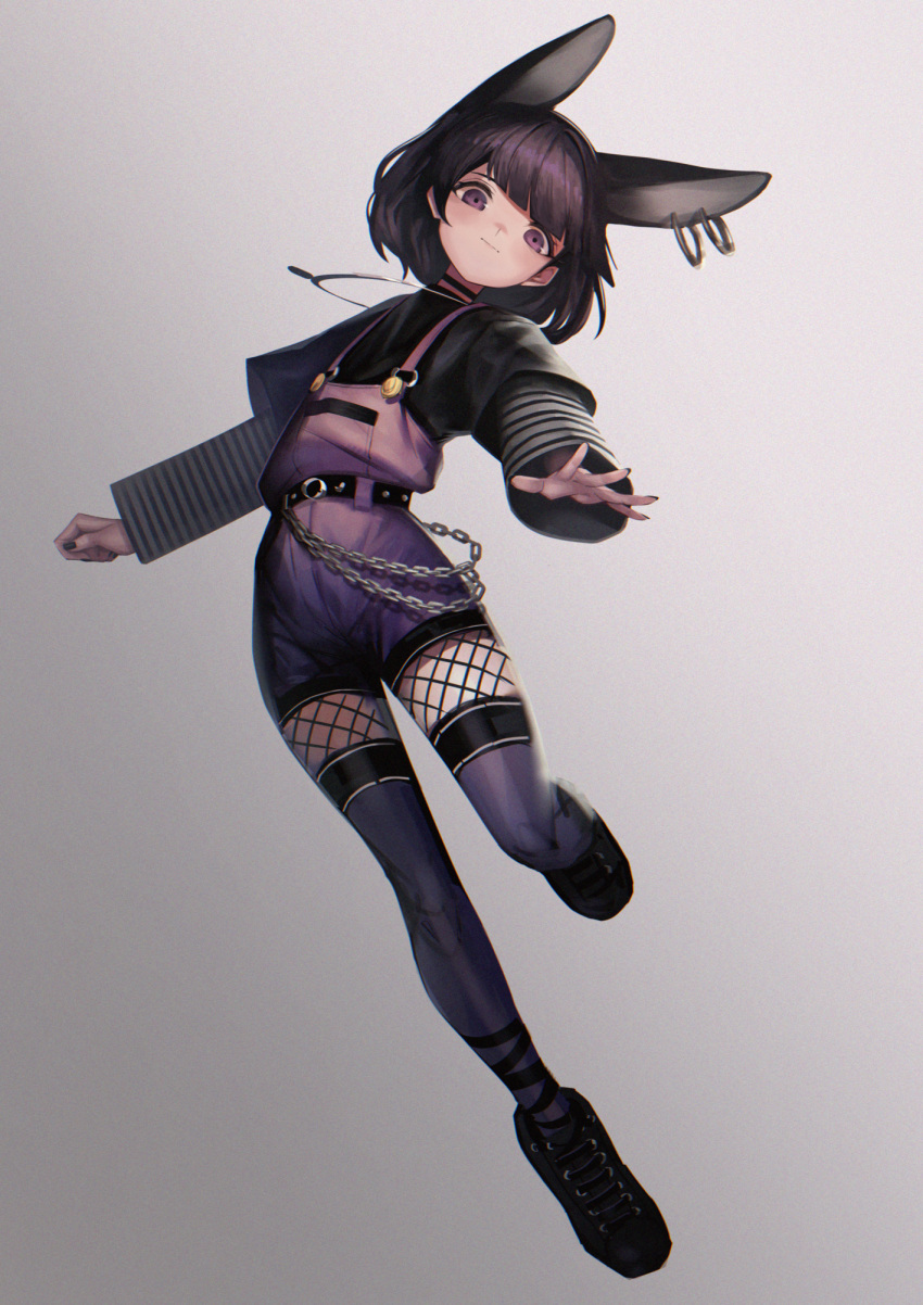 1girl animal_ears bangs black_choker black_footwear black_nails black_shirt chain choker closed_mouth ear_piercing eyebrows_behind_hair fishnets full_body grey_background highres layered_sleeves long_sleeves miyama_(tokiwairo8) nail_polish original overall_shorts overalls piercing purple_hair purple_legwear shirt shoes short_over_long_sleeves short_sleeves solo striped thigh-highs violet_eyes